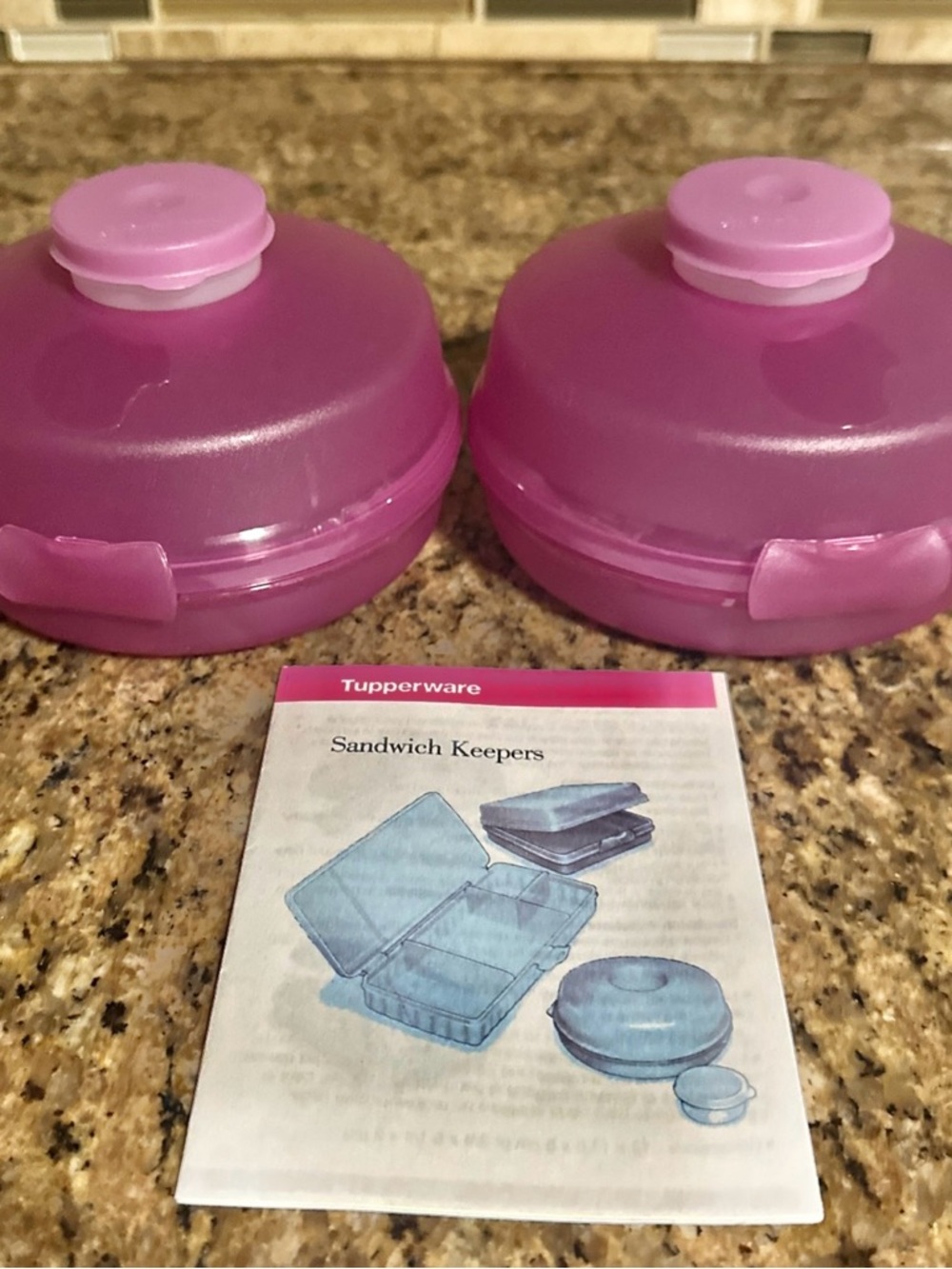 Tupperware Round Sandwich Keeper Set of 2 w/dressing cup on top - Purple!